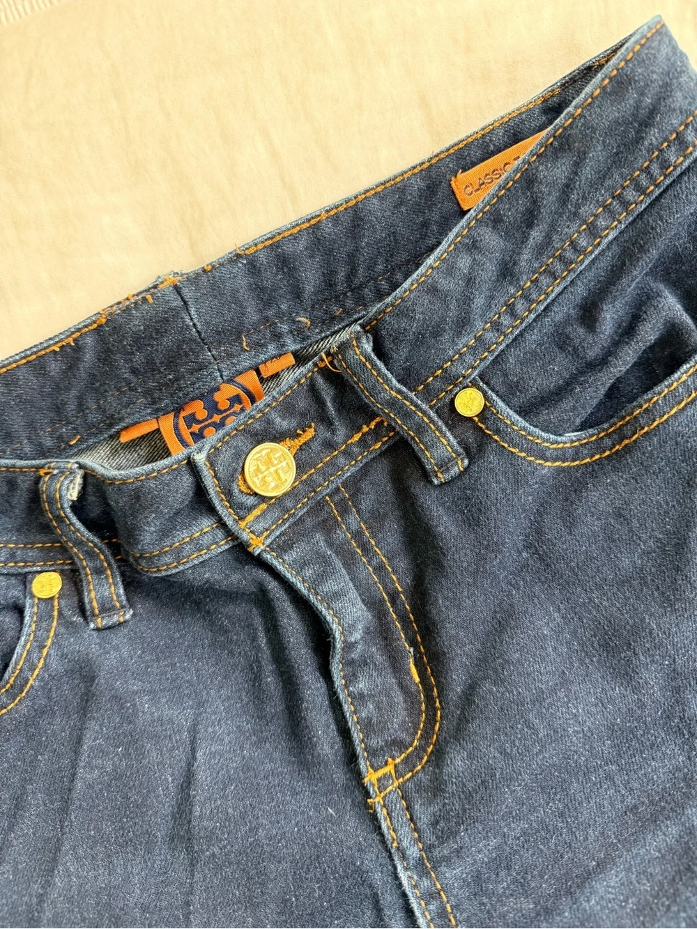 Tory Burch Dark Blue classic Bootcut Jeans with Contrast Stitching